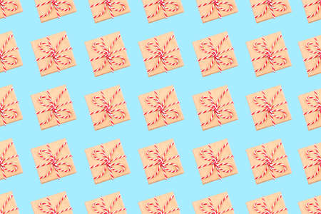 Pattern of gift boxes blue background. Flat lay, top view.の写真素材