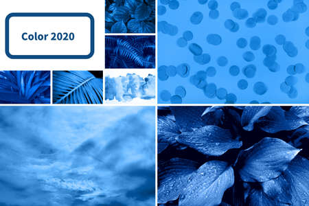 Creative collage tinted in trendy blue color.の写真素材