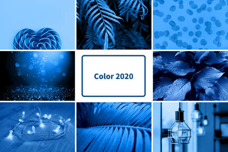 Creative collage tinted in trendy blue color.の写真素材