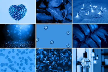 Creative collage tinted in trendy blue color.の写真素材