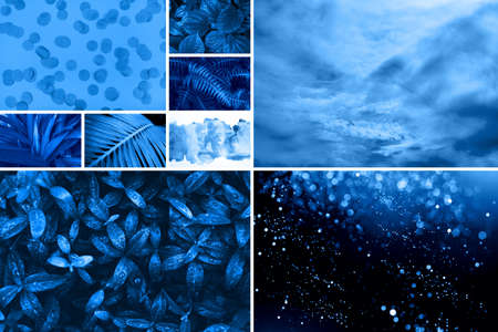 Creative collage tinted in trendy blue color.の写真素材
