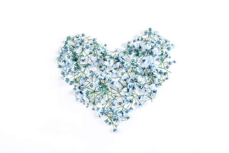 Beautiful flower arrangement of blue flowers of gypsophila. Floral pattern in the shape of a heart.の写真素材