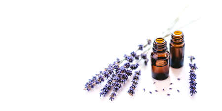 Dried lavender with a bottle of essential oil isolated on white background.の写真素材