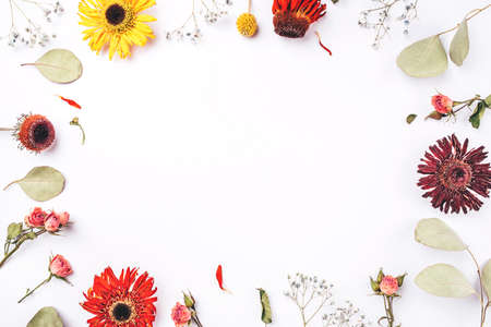 Frame of dry flowers on white background. Flat lay, top view. Copy space for text.