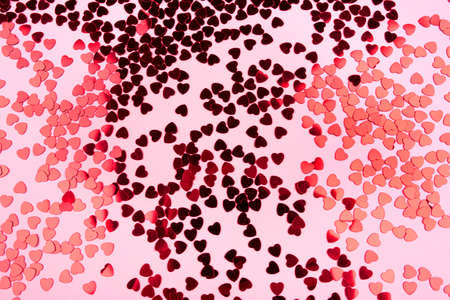 Pink background with red hearts. Valentines day concept. Top view.の写真素材
