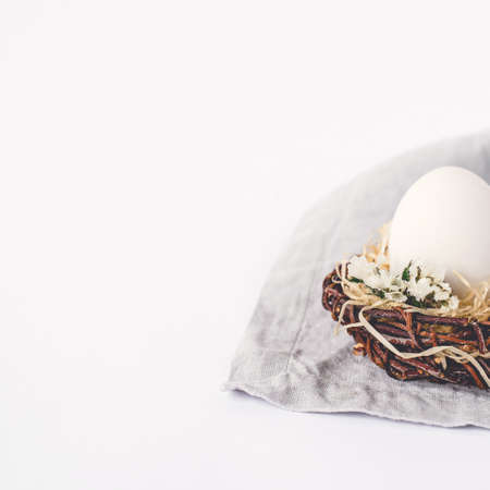 Light Easter background with an egg in the nest. Copy space for your text.の写真素材