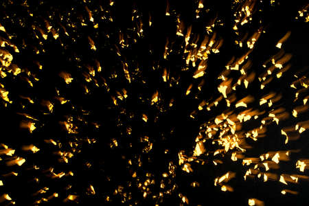 Gold confetti on black background. Flat lay, top view. Long exposure.の写真素材