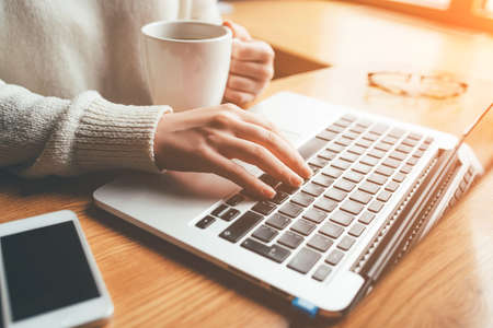Young woman working in home on her laptop computer. Remote work concept.の写真素材