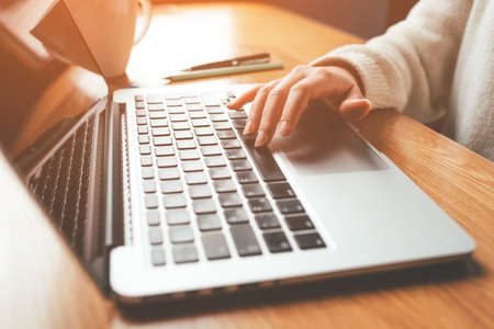 Young woman working in home on her laptop computer. Remote work concept.の写真素材