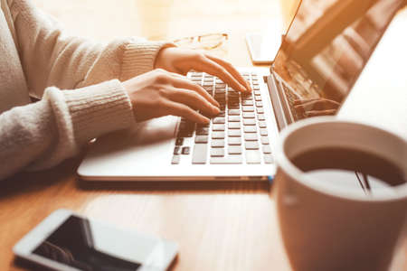 Young woman working in home on her laptop computer. Remote work concept.の写真素材