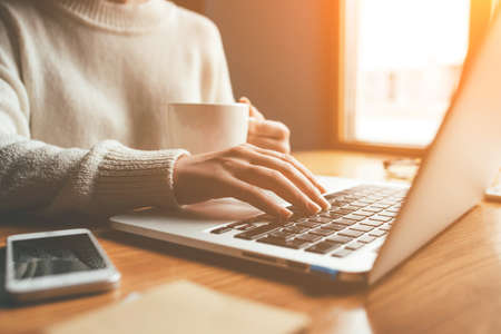Young woman working in home on her laptop computer. Remote work concept.の写真素材