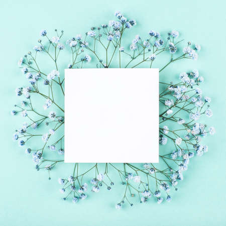 Beautiful flower frame of blue gypsophila flowers. Flat lay, top view. Floral pattern.の写真素材