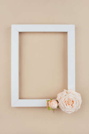 Spring background. Rose flowers and white frame on a beige background. Flat lay. Copy space for your text.の写真素材