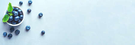 Fresh blueberries in a white bowl. Close up, top view. Copy space for text.の写真素材