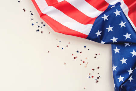 American flag on a gray background. US independence day. Copy space for text.の写真素材