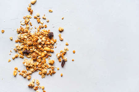 Muesli or granola on gray background. Healthy food concept.の写真素材
