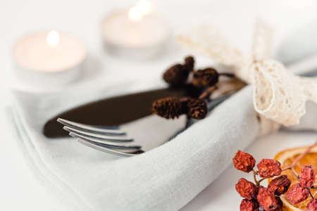 Thanksgiving autumn background. Plate with Cutlery and napkin decorated with autumn leaves, berries and spices. Front view. Close up.の写真素材