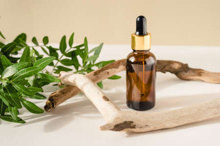 Brown bottle with cosmetic product on a natural beige background made of branches and green leaves.の写真素材