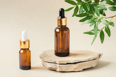 Two brown bottles of cosmetics on a natural beige background. Stone podium and green leaves. Front view.の写真素材