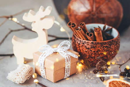 The figure of the reindeer, gift box and dry spices. Christmas decor, winter mood, holiday decoration.の写真素材