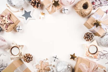 Festive Christmas background with different size gift boxes and Christmas decorations. Top view. Copy space for text.の写真素材