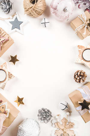 Festive Christmas background with different size gift boxes and Christmas decorations. Top view. Copy space for text.の写真素材