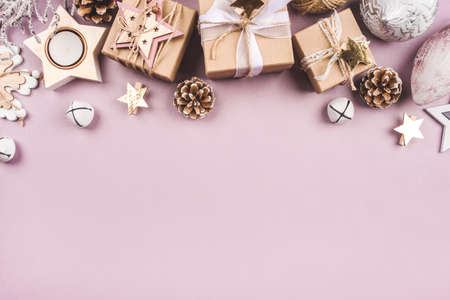 Festive Christmas background with different size gift boxes and Christmas decorations. Top view. Copy space for text.の写真素材