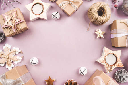 Festive Christmas background with different size gift boxes and Christmas decorations. Top view. Copy space for text.の写真素材