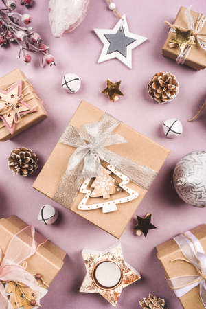 Festive Christmas background with different size gift boxes and Christmas decorations. Top view.の写真素材