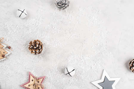 Festive Christmas background with Christmas decorations and snow. Flat lay, top view. Place for your text.の写真素材