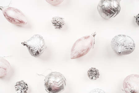 Festive Christmas background with Christmas decorations. Flat lay, top view.の写真素材