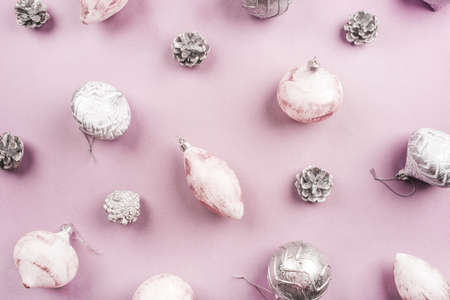 Festive Christmas background with Christmas decorations. Flat lay, top view.の写真素材