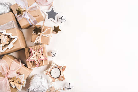 Festive Christmas background with different size gift boxes and Christmas decorations. Top view. Copy space for text.の写真素材
