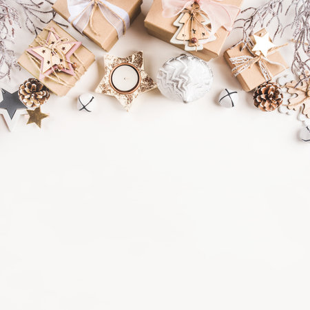 Festive Christmas background with different size gift boxes and Christmas decorations. Top view. Banner with copy space for text.の写真素材