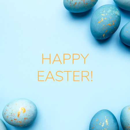 Easter frame of eggs painted in blue color. Flat lay, top view. Copy space for text.の写真素材