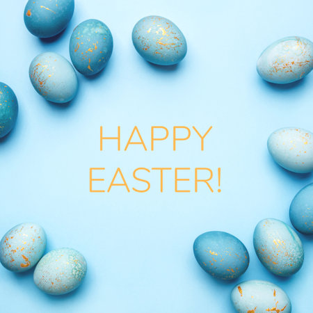 Easter frame of eggs painted in blue color. Flat lay, top view. Copy space for text.の写真素材