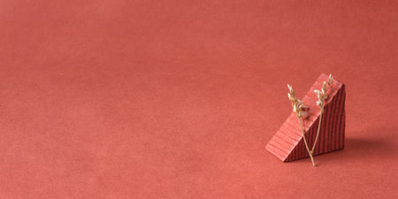 Minimalist natural background for cosmetic products. Terracotta wooden podium and branches of a...