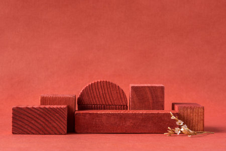 Minimalist natural background for cosmetic products. Terracotta wooden podiums, dry flower and branche of a tree.の写真素材