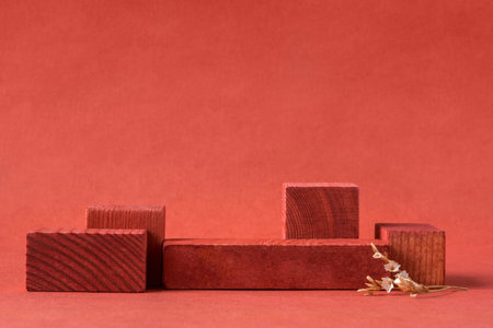 Minimalist natural background for cosmetic products. Terracotta wooden podiums.の写真素材