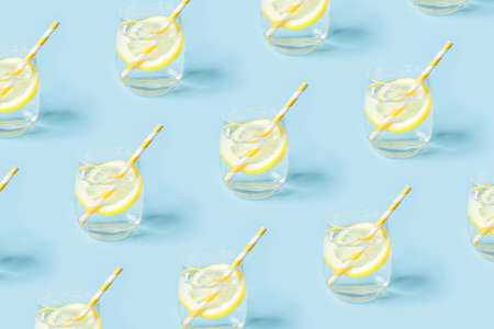 Summer pattern with glasses of lemonade on blue background.の写真素材