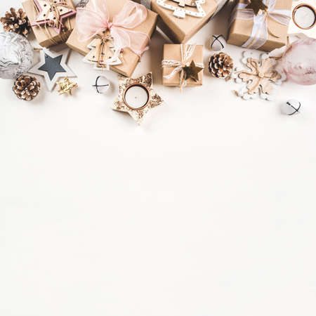 Festive Christmas background with different size gift boxes and Christmas decorations. Top view. Banner with copy space for text.の写真素材