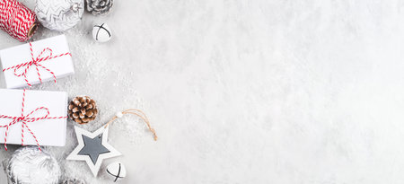 Festive Christmas background with gift boxes and Christmas decorations.の写真素材