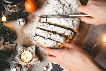 Traditional german stollen cake with Christmas decorations.の写真素材
