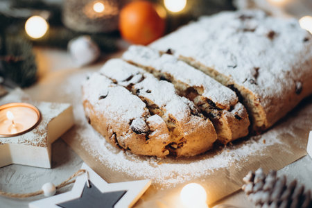 Traditional german stollen cake with Christmas decorations.の写真素材