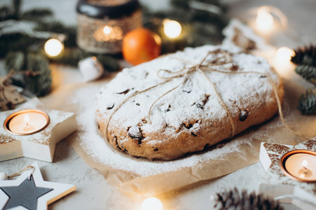 Traditional german stollen cake with Christmas decorations.の写真素材