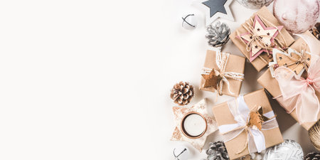 Festive Christmas background with gift boxes and Christmas decorationsの写真素材