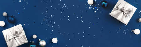 Christmas background of gift box and decorations.の写真素材
