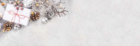 Festive Christmas background with gift boxes and Christmas decorations.の写真素材