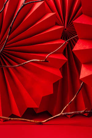 Minimalistic background made of red paper.の写真素材