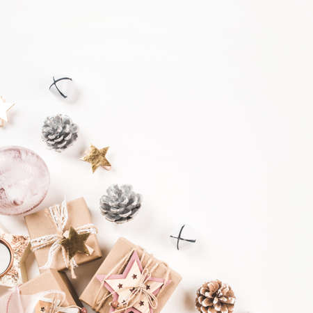 Festive Christmas background with gift boxes and Christmas decorationsの写真素材